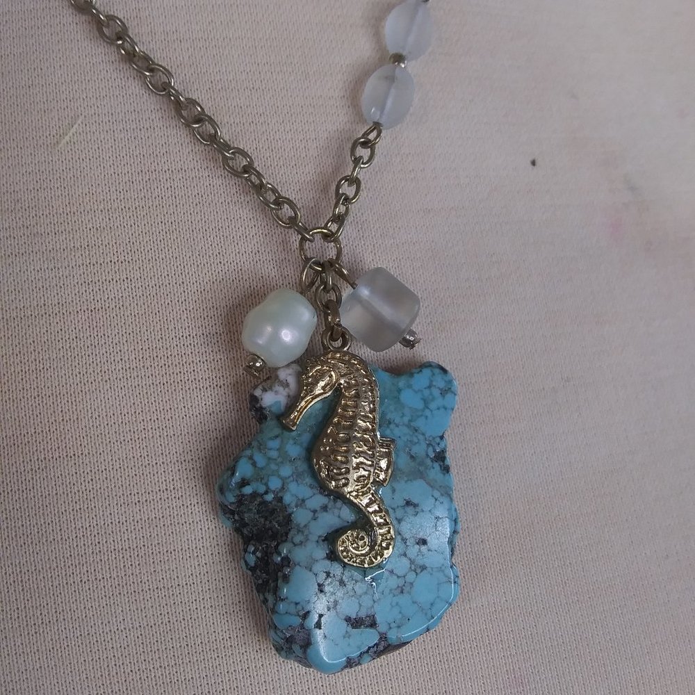 Golden Seahorse on Turquoise Stone Necklace | New
